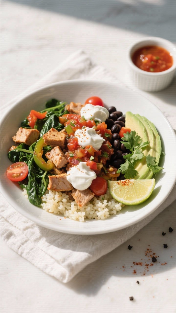 Final dish, tasty top view: Overhead shot of High Protein Low Calorie Breakfast Burrito Bowl in a wi