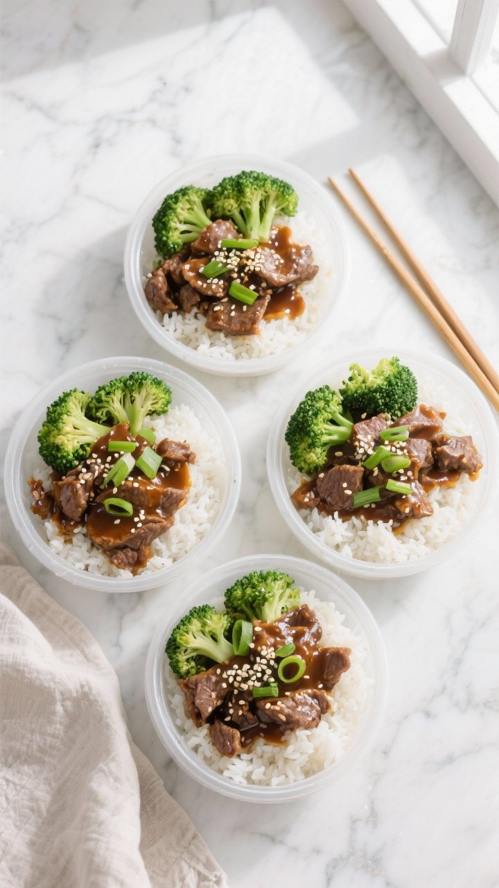 Final dish, tasty top view: Overhead shot of low-calorie beef & broccoli meal-prep bowls—four neat