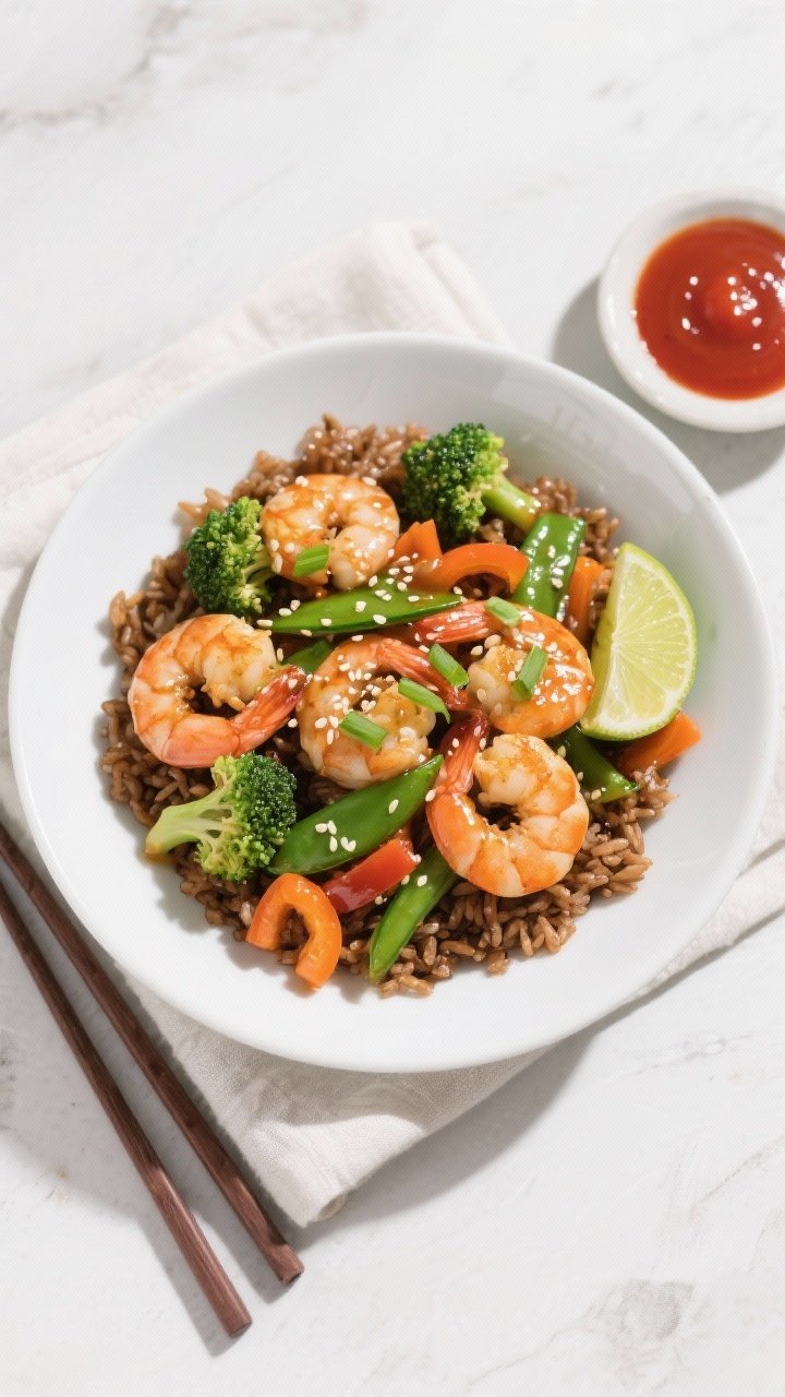 Final dish, tasty top view: Overhead shot of low-calorie shrimp stir fry plated over fluffy brown ri
