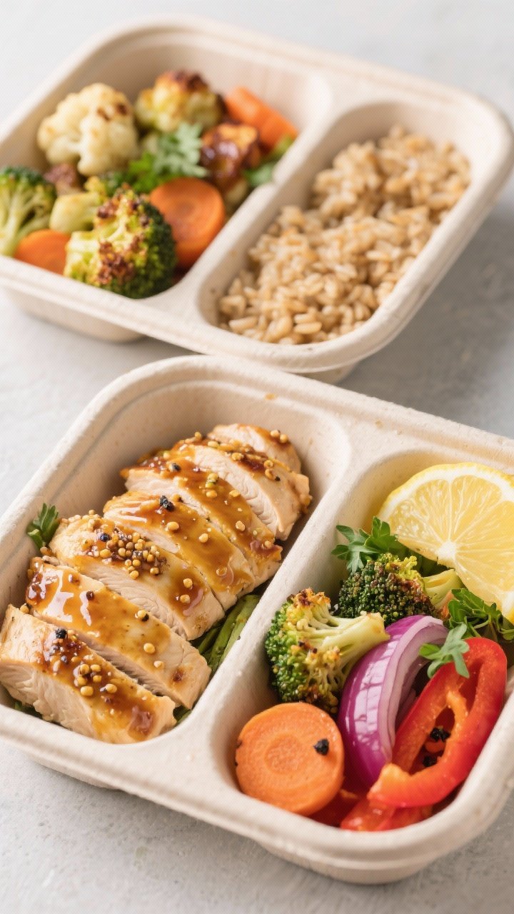 Final dish, tasty top view: Overhead shot of meal-prep containers neatly portioned with sliced honey