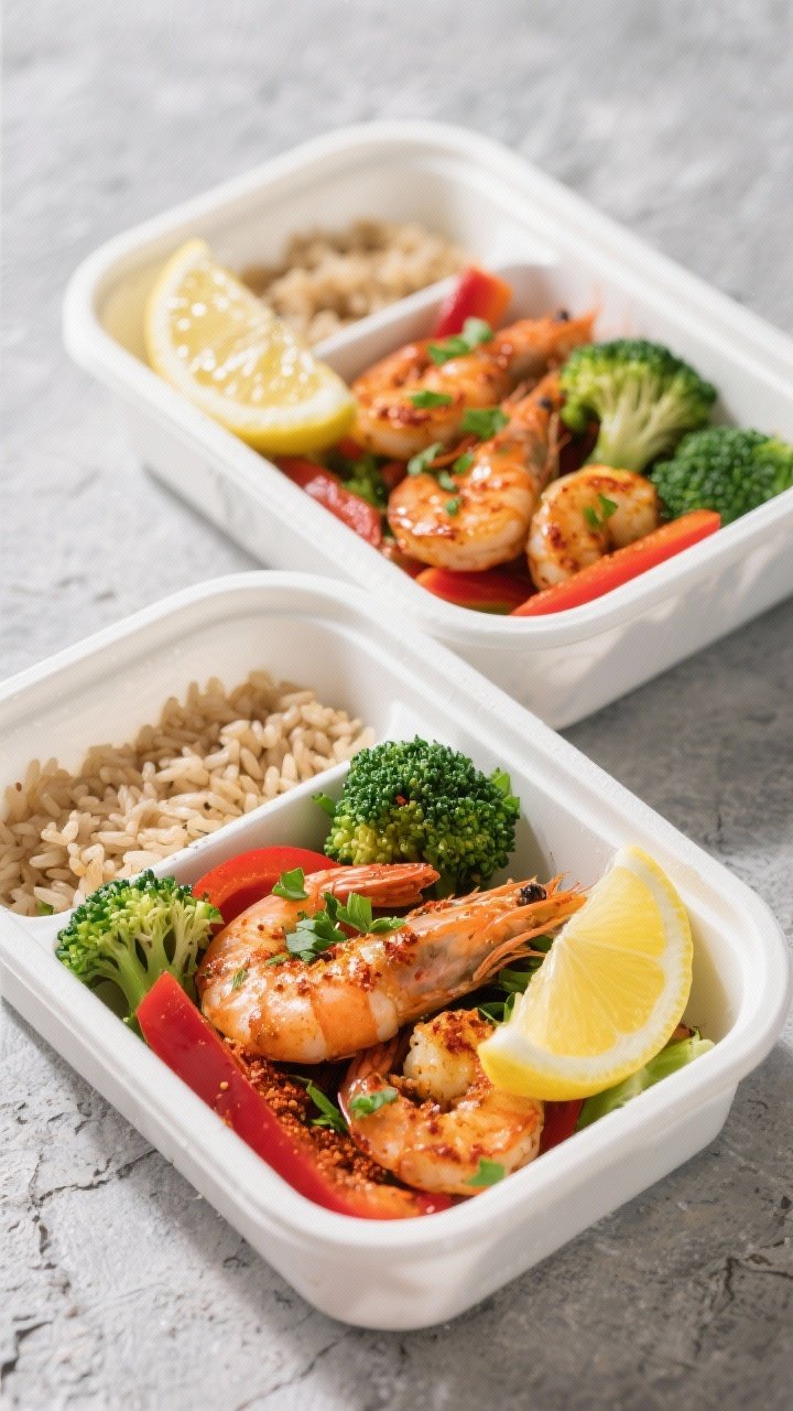 Final dish, tasty top view: Overhead shot of meal-prep containers neatly portioned with Cajun shrimp
