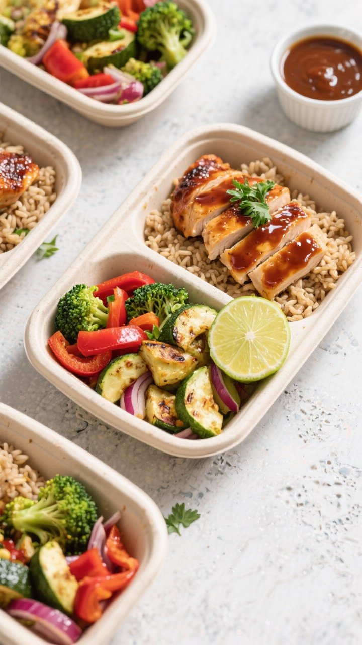 Final dish, tasty top view: Overhead shot of meal-prep containers neatly assembled with sliced BBQ c