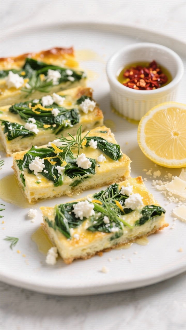 Final dish, tasty top view: Overhead shot of neatly sliced squares of Keto Spinach & Feta Egg Bake a