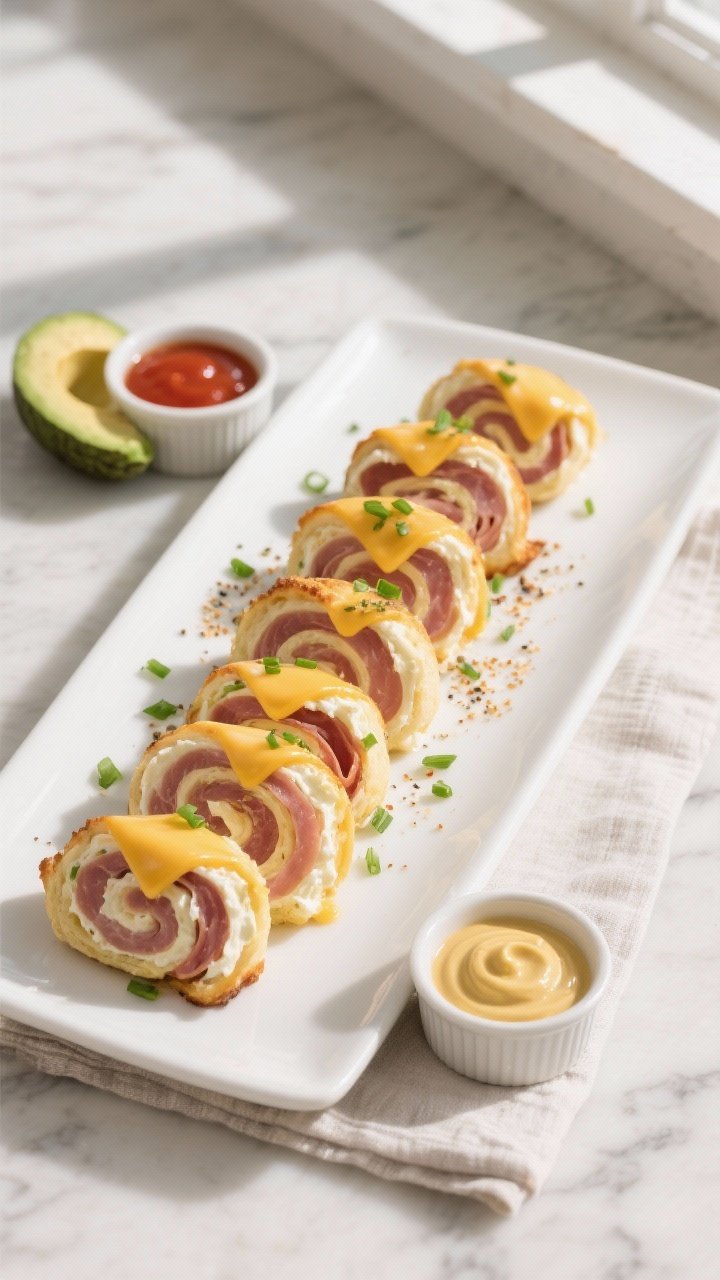 Final dish, tasty top view: Overhead shot of sliced keto ham & cheese breakfast roll-ups arranged in