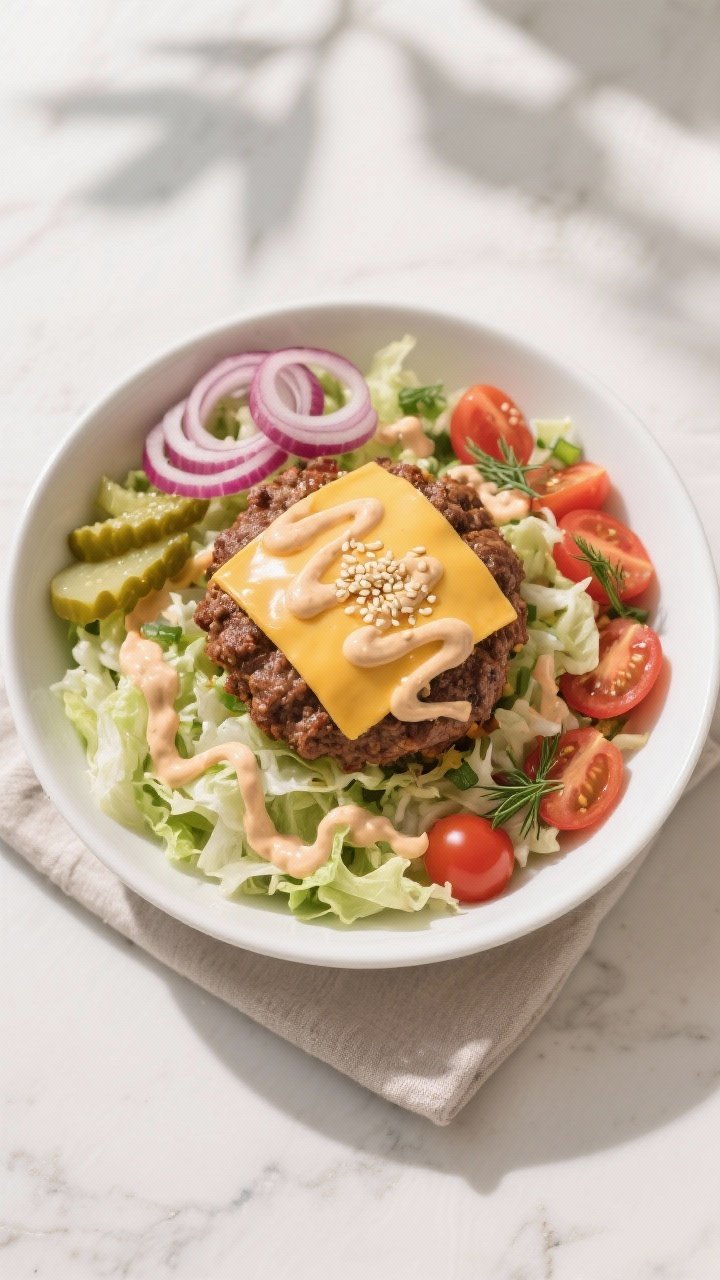 Final dish top-down: Overhead shot of a High Protein Low Calorie Big Mac Bowl assembled in a wide wh