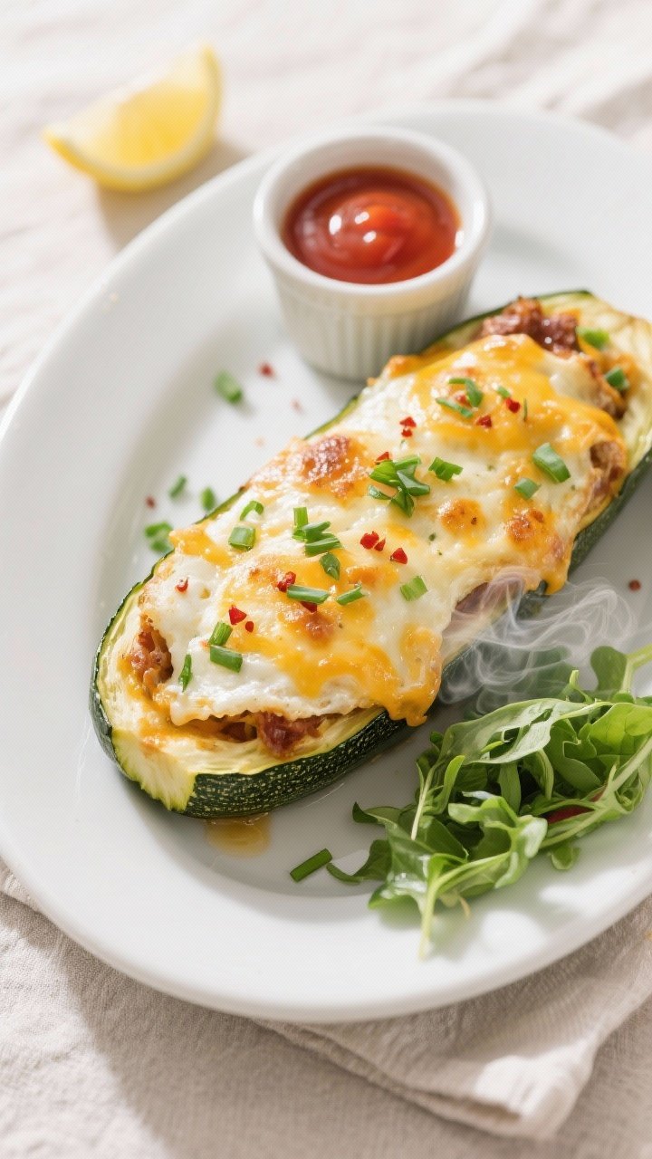 Final dish top-down: Overhead shot of finished Keto Breakfast Stuffed Zucchini Boats on a matte whit