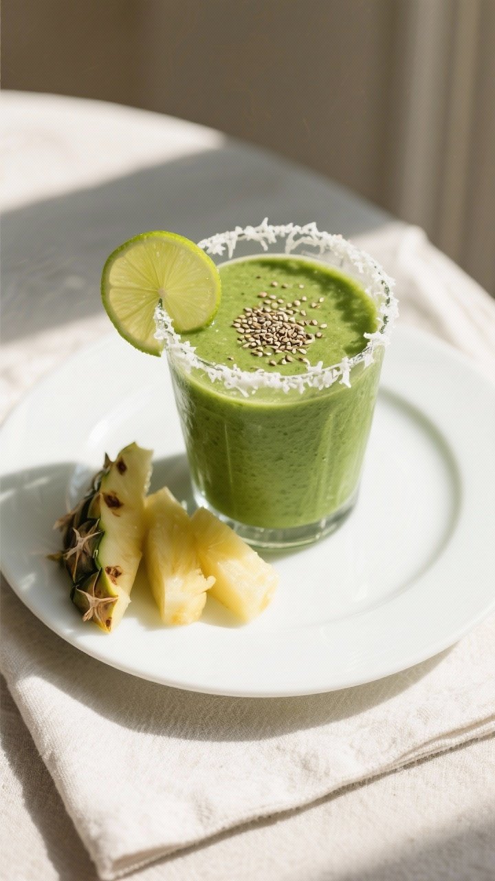 Final dish/top-down presentation: Overhead shot of a Tropical Green Spinach Smoothie poured into a c