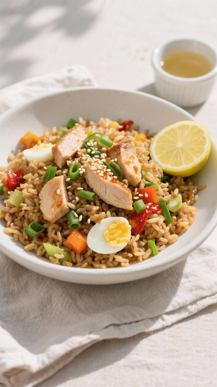 Final dish, top view: Overhead shot of a generous bowl of high protein low calorie chicken fried ric