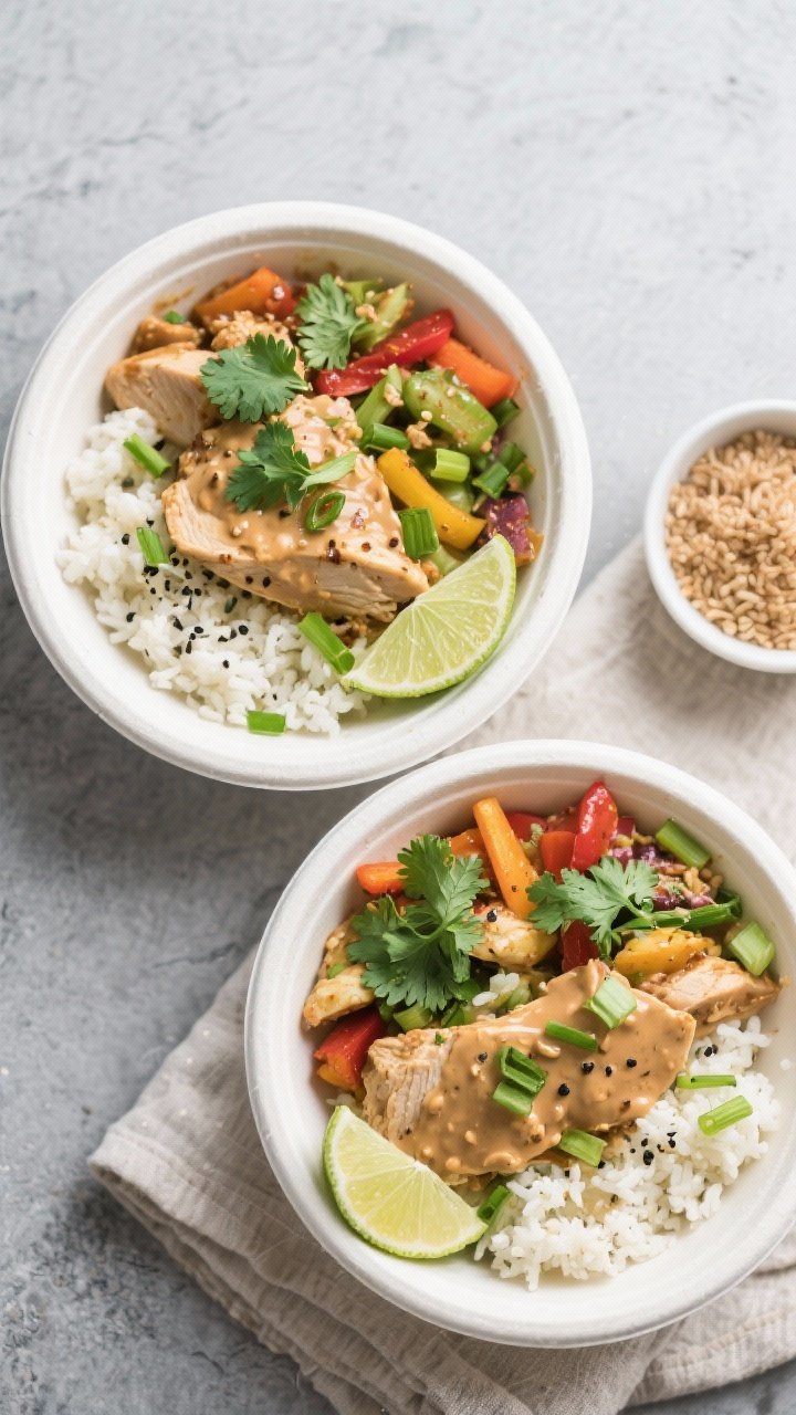 Final dish, top view: Overhead shot of meal-prep bowls of Low Calorie Spicy Peanut Chicken with Vegg