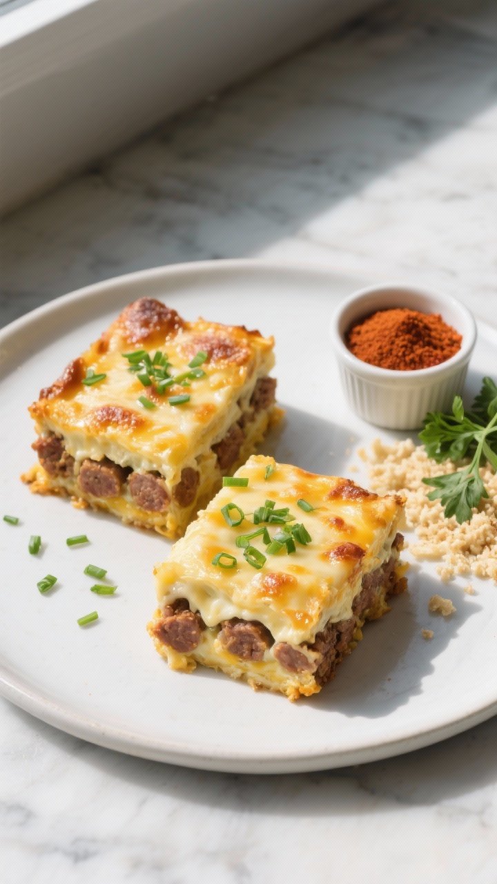 Final dish top view: Overhead shot of two neatly sliced squares of Keto Sausage & Cheese Breakfast C