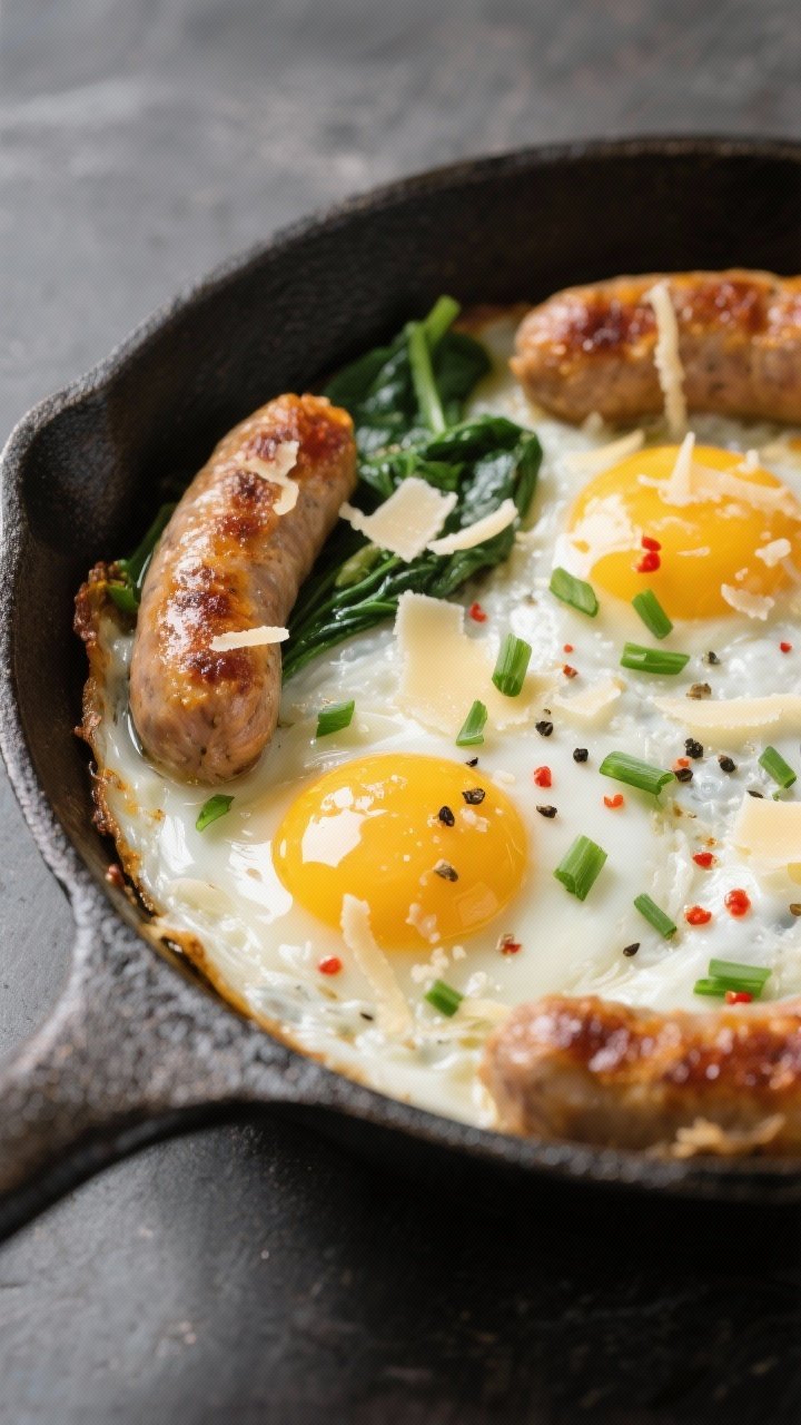Final plated, close-up detail: Close-up of the finished Keto Sausage & Spinach Egg Skillet served st