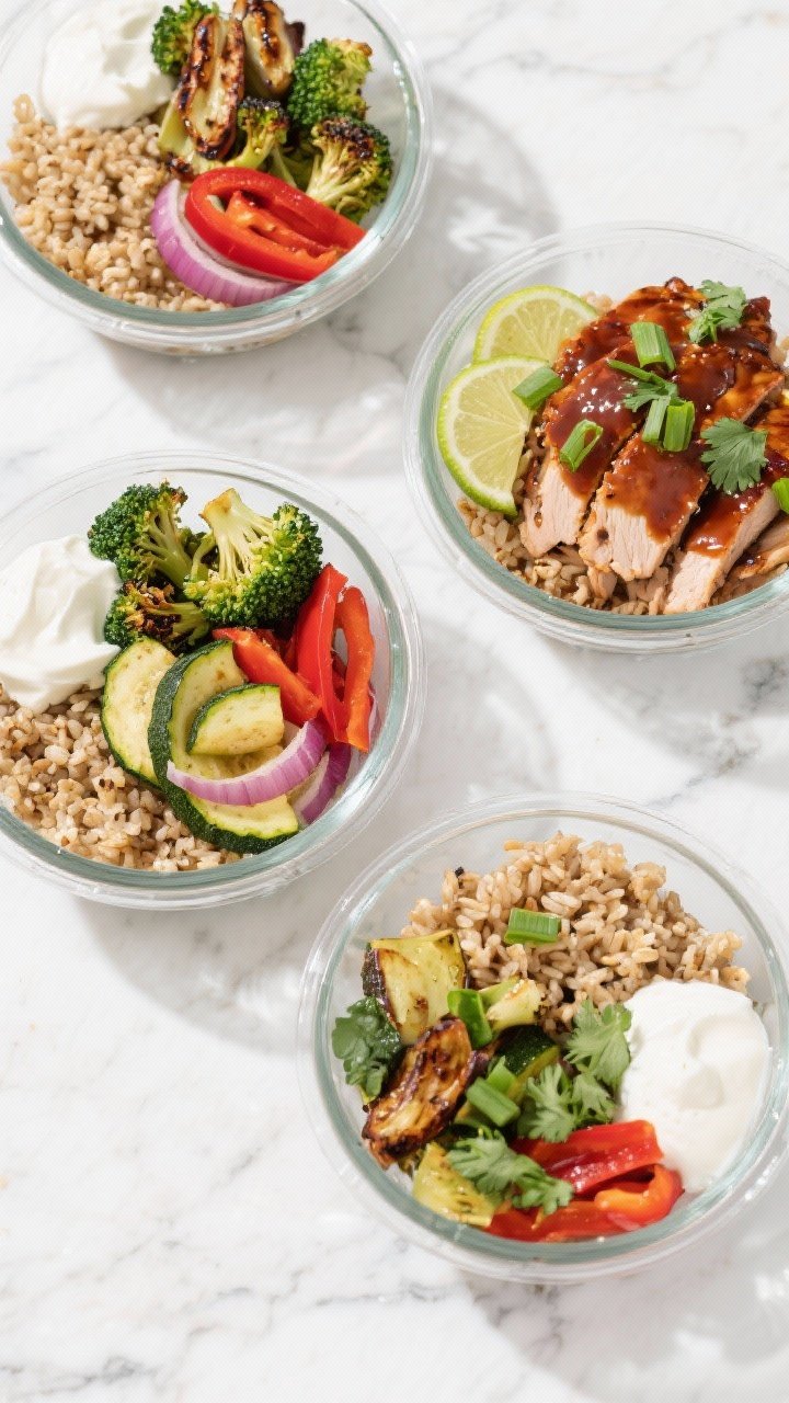 Final plated meal prep bowls – overhead: Overhead shot of four neatly assembled BBQ turkey and veg