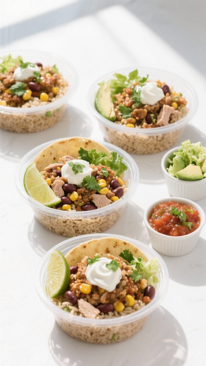 Final plated meal prep: Overhead shot of four neatly portioned turkey taco bowls in clear meal prep