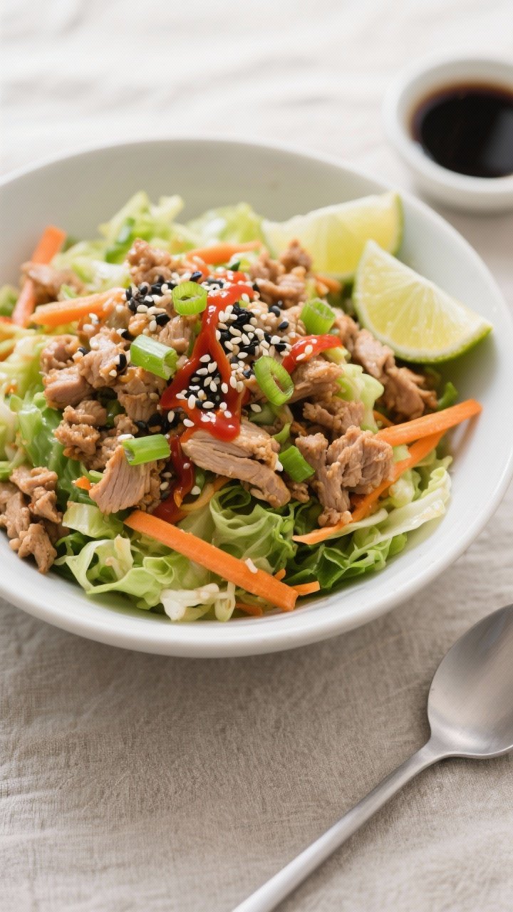 Final plated, overhead beauty: Tasty top-down shot of High Protein Low Calorie Egg Roll in a Bowl se