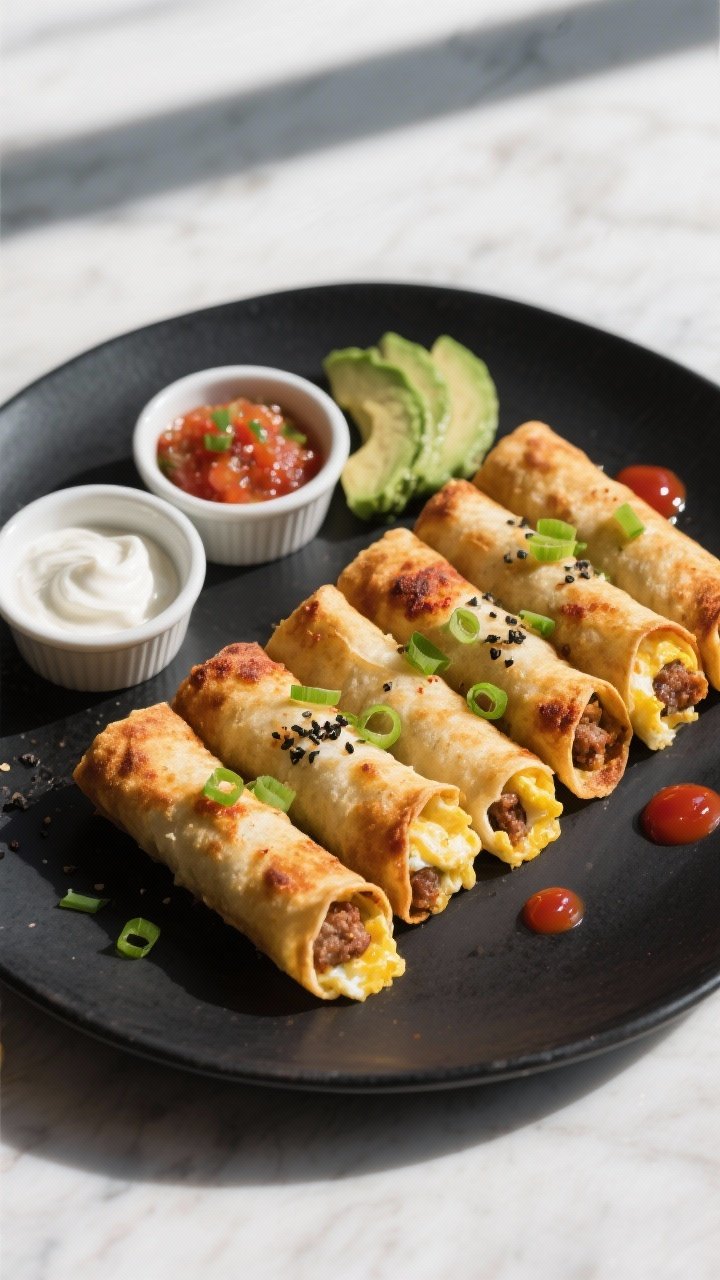 Final plated overhead: Crispy keto breakfast taquitos arranged in a neat row on a matte black platte