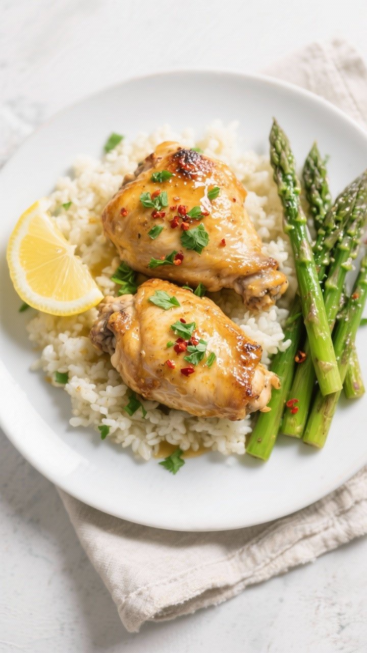 Final plated overhead: Garlic butter chicken thighs finished to 165°F, glossy pan sauce spooned ove