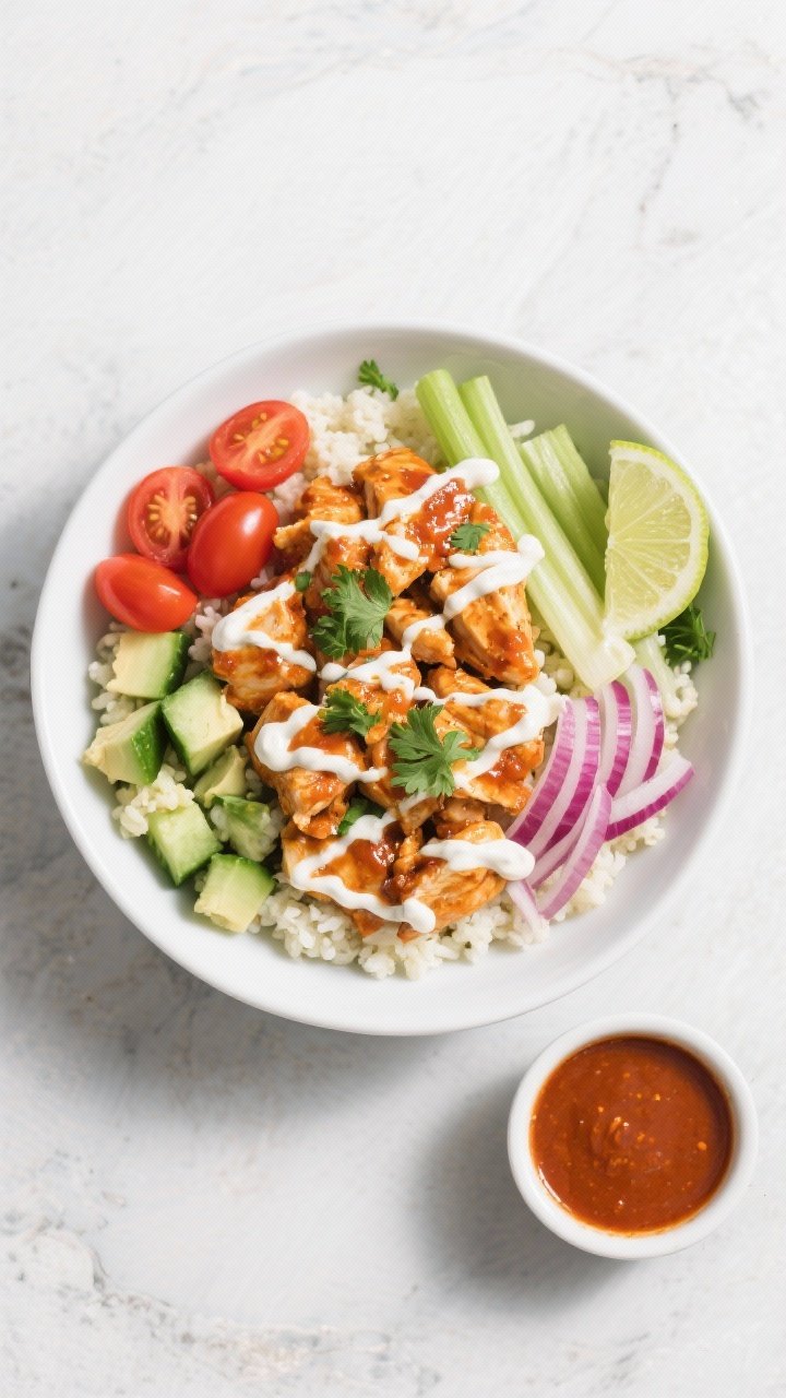 Final plated overhead: High Protein Low Calorie Buffalo Chicken Bowl arranged in a wide white bowl o