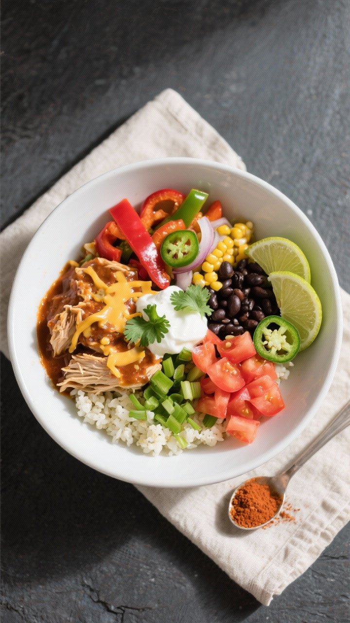 Final plated overhead: High-protein low-calorie chicken enchilada bowl, top-down on a matte white sh