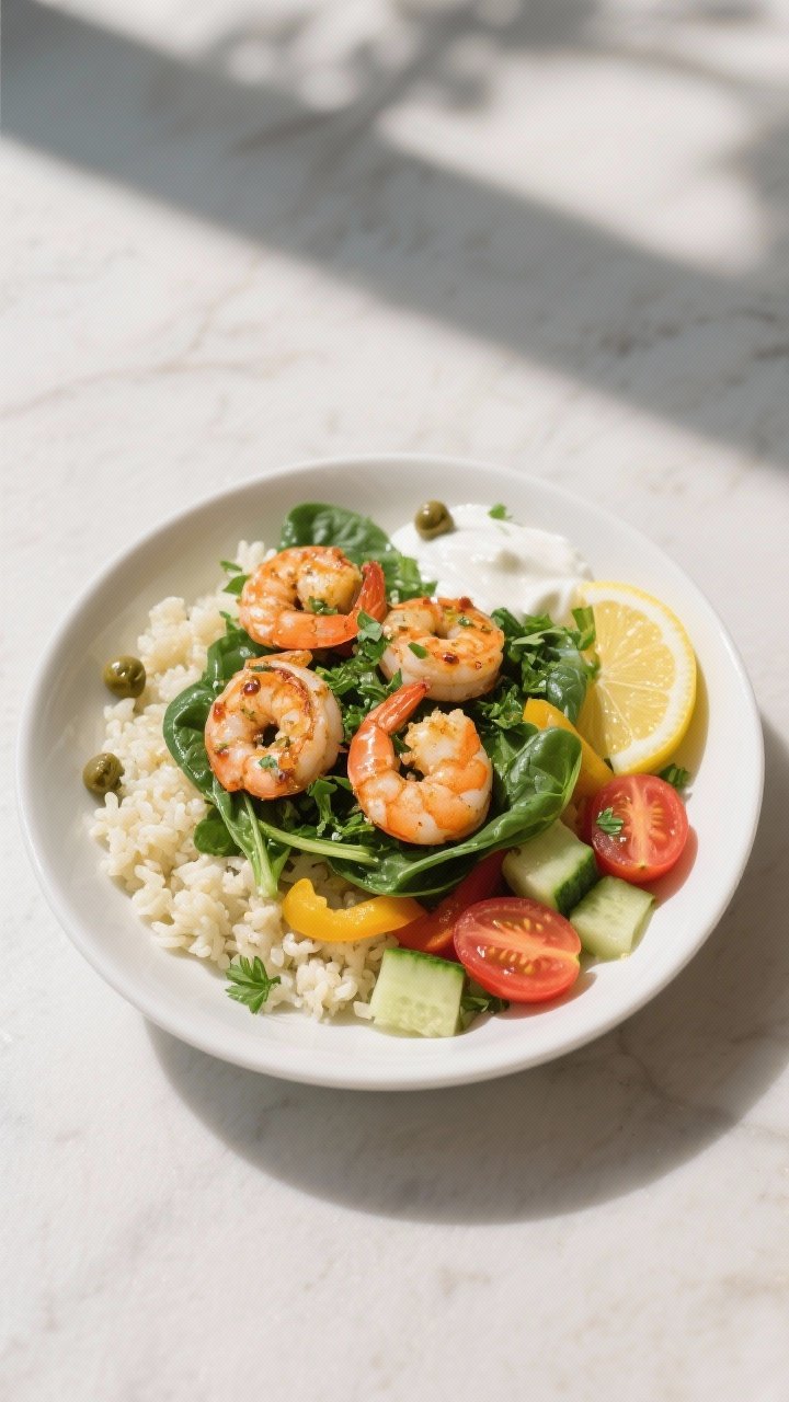 Final plated overhead: High Protein Low Calorie Garlic Lemon Shrimp Bowl arranged on a wide white sh