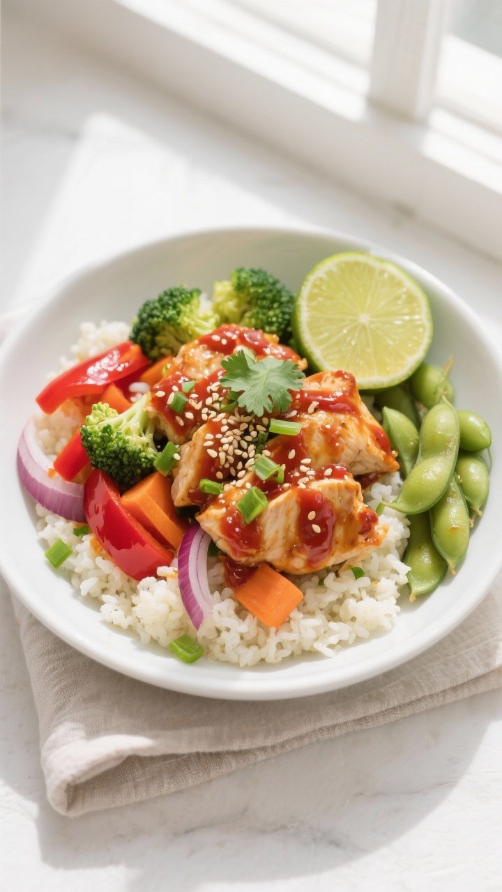 Final plated overhead: High Protein Low Calorie Spicy Sriracha Chicken Bowl arranged over fluffy cau
