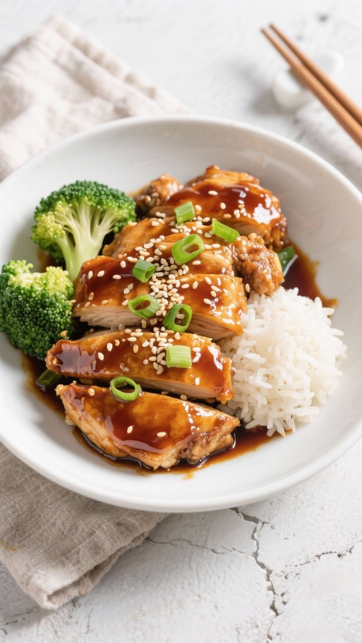 Final plated overhead: Honey garlic chicken neatly piled in a shallow white bowl, coated in a thick,
