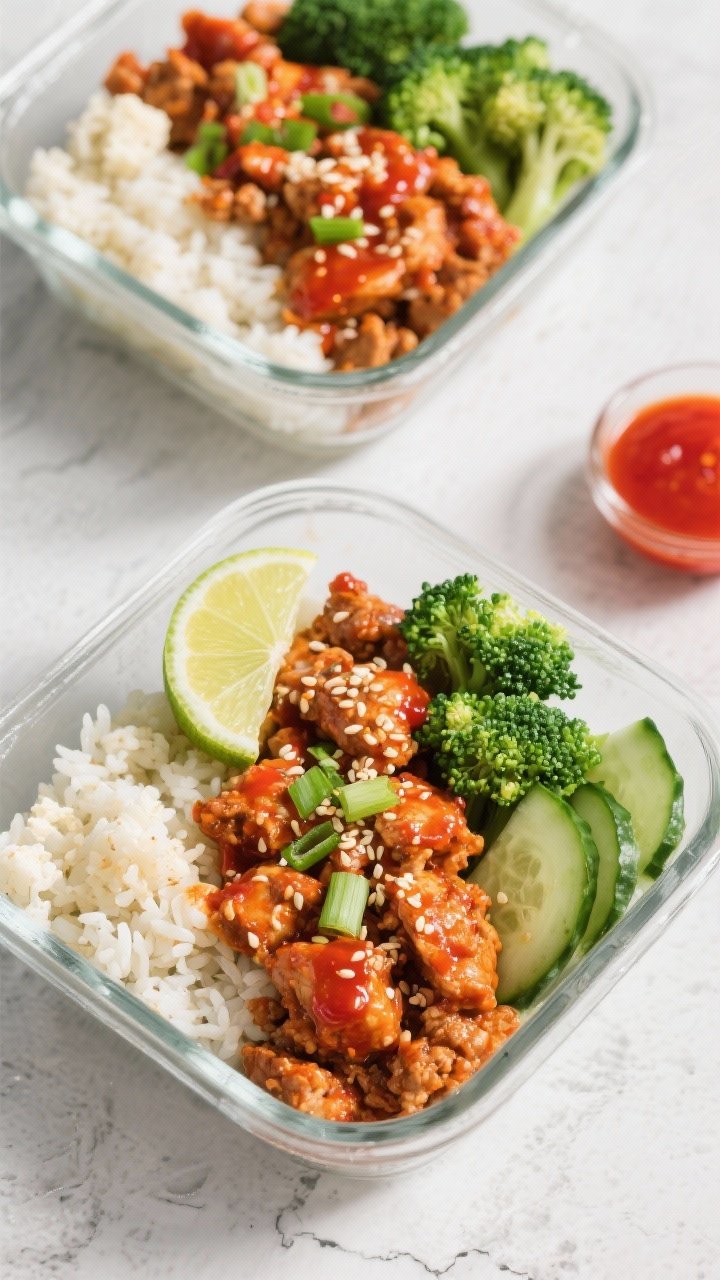 Final plated overhead: Meal prep bowls of firecracker ground chicken over half jasmine rice and half