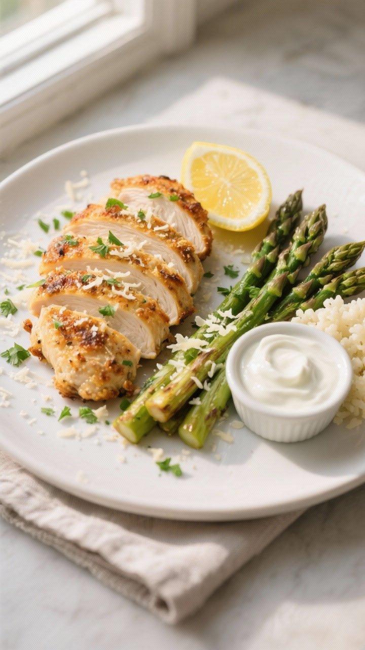 Final plated overhead: Overhead shot of baked garlic parmesan chicken sliced into tender medallions,