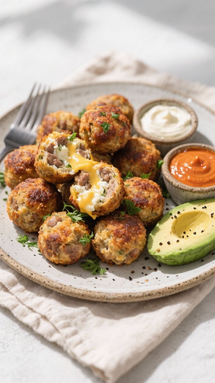 Final plated overhead shot: A rustic stoneware plate piled with keto sausage & cheese breakfast ball