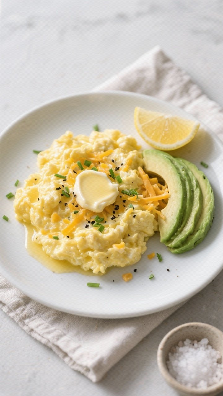 Final plated overhead shot: Creamy keto scrambled eggs finished just-glossy and tender on a matte wh