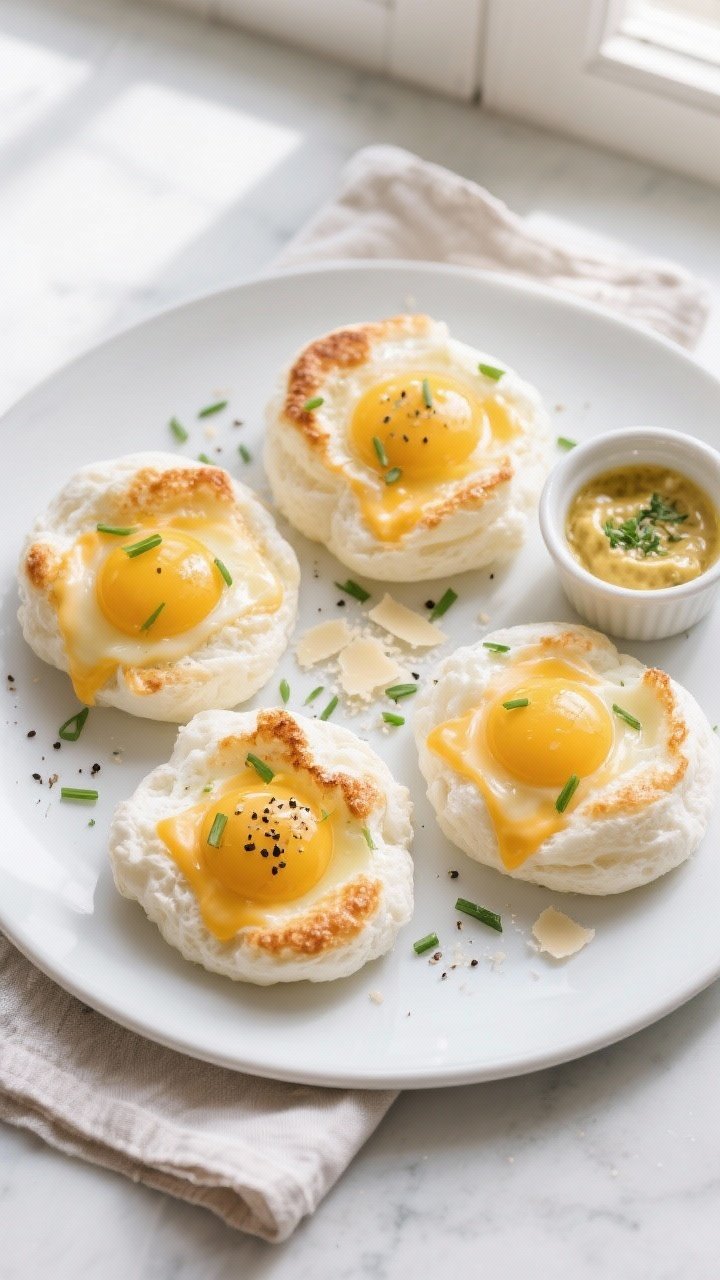 Final plated overhead shot: Finished Keto Breakfast Egg & Cheese Clouds—four clouds with set-yet-j