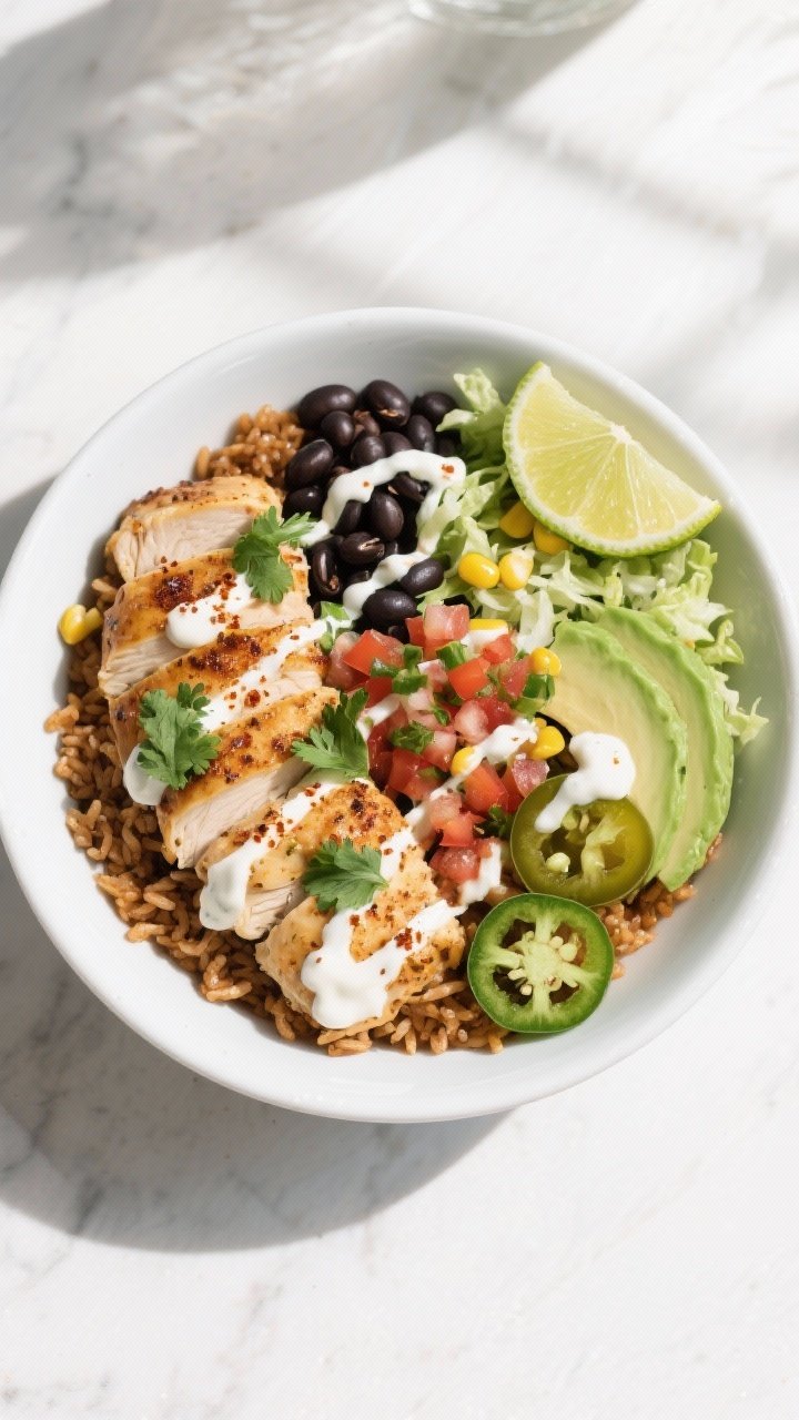 Final plated overhead shot: Taco Bell-style power bowl arranged in a wide white bowl—vibrant cilan
