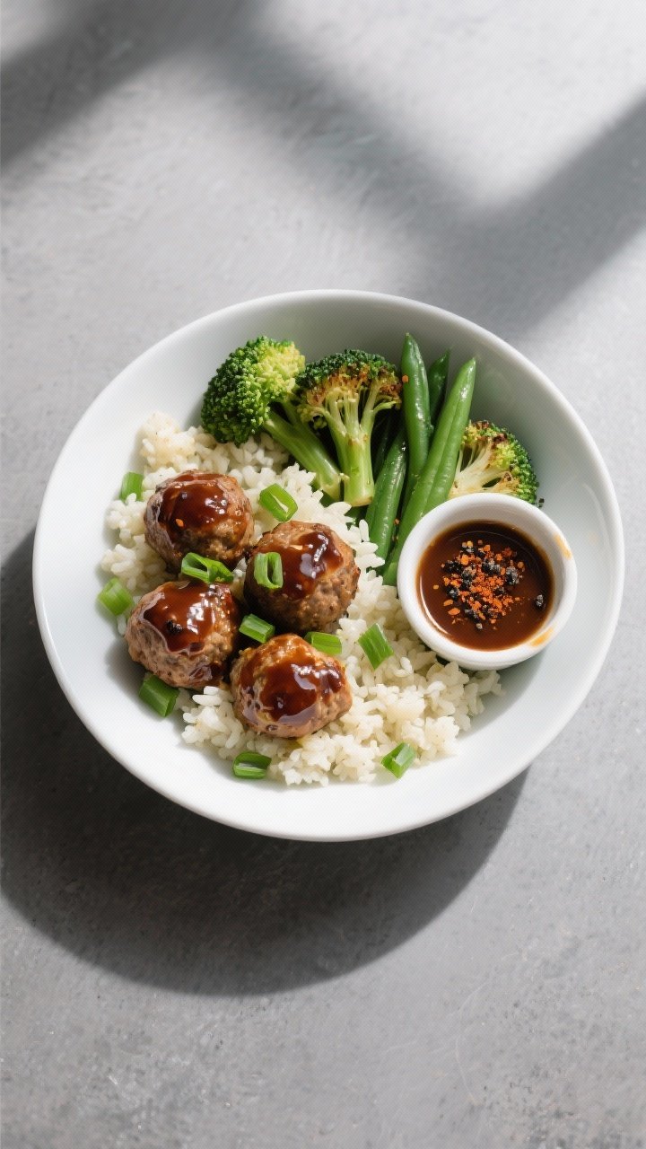Final plated overhead: Tasty top-down shot of a meal-prep bowl with BBQ turkey meatballs over fluffy