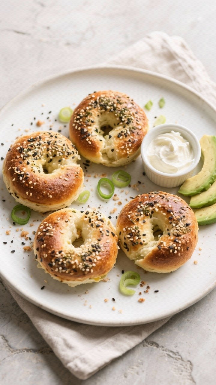 Final plated overhead: Tasty top-view shot of a breakfast plate featuring 4 Keto Everything Bagel Br