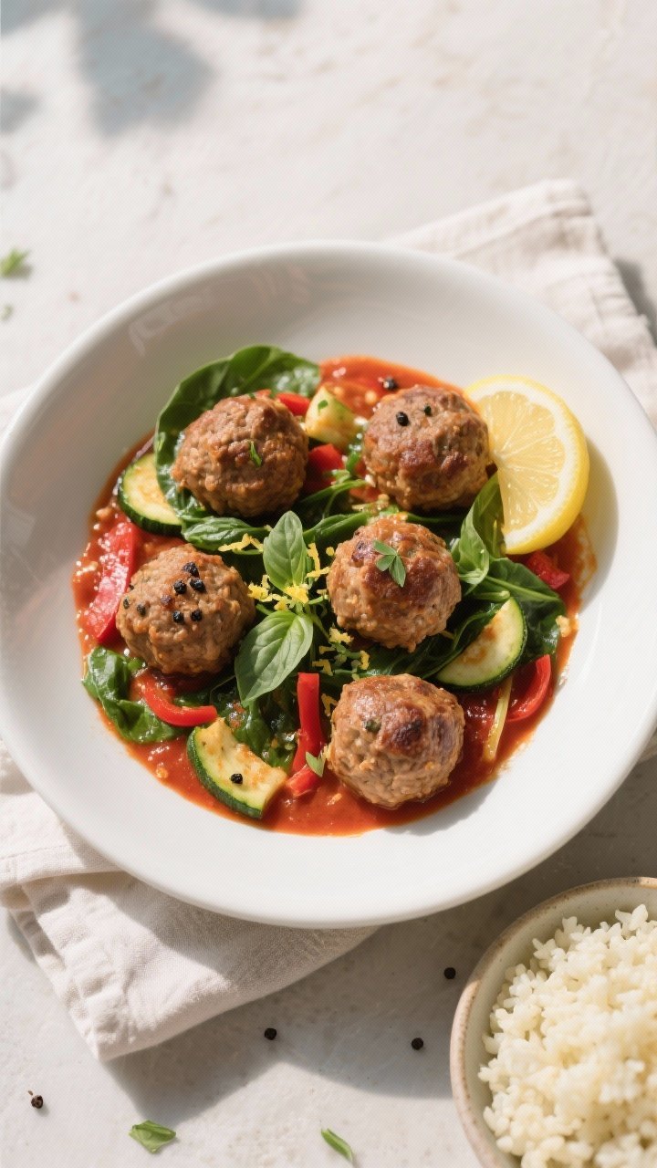 Final plated, overhead: Top-down shot of the High Protein Low Calorie Turkey Meatball Skillet served