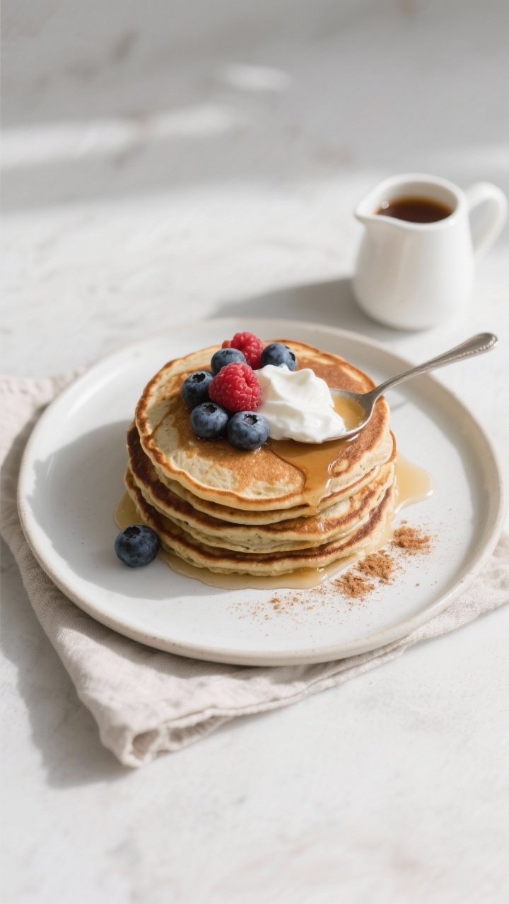 Final plated, tasty top view: Overhead shot of a neat stack of high-protein, no-flour pancakes on a