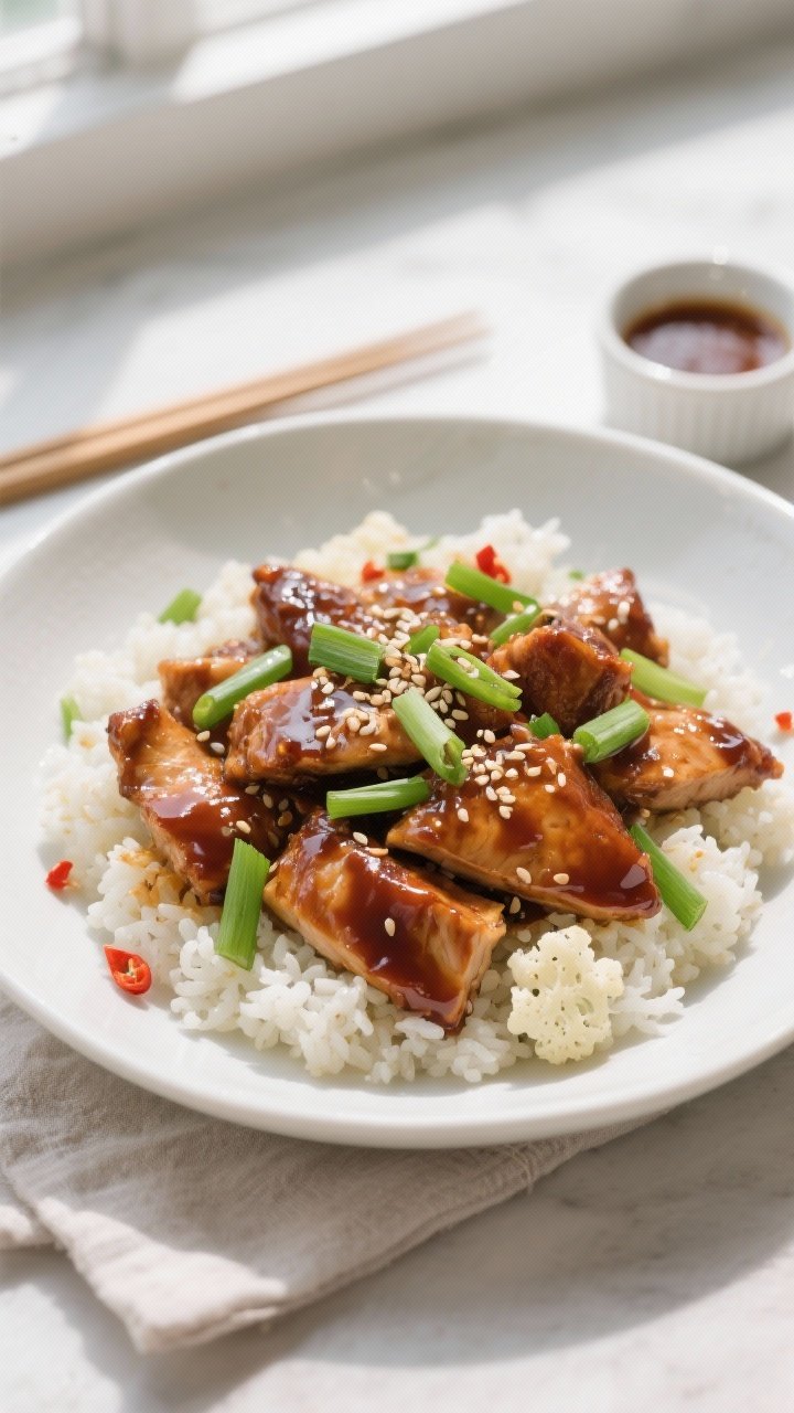 Final plated, tasty top view: Overhead shot of High Protein Low Calorie Mongolian Chicken piled over
