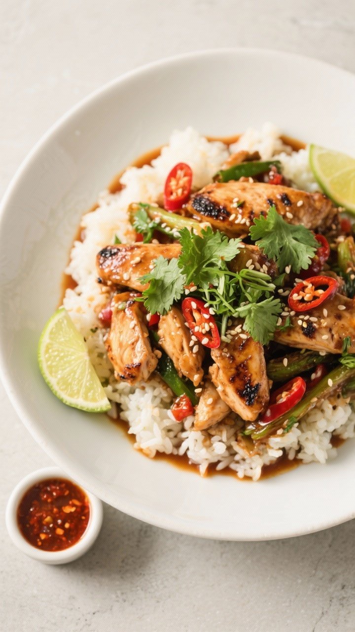 Final plated, top-down meal prep vibe: Overhead shot of the finished High Protein Low Calorie Spicy