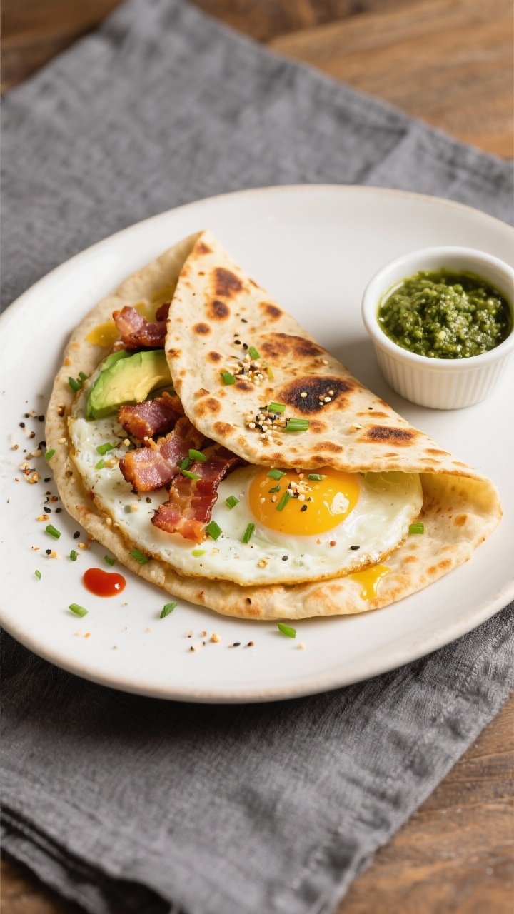 Final plated top-down: Overhead shot of a folded keto breakfast flatbread, crisped lightly on the ou