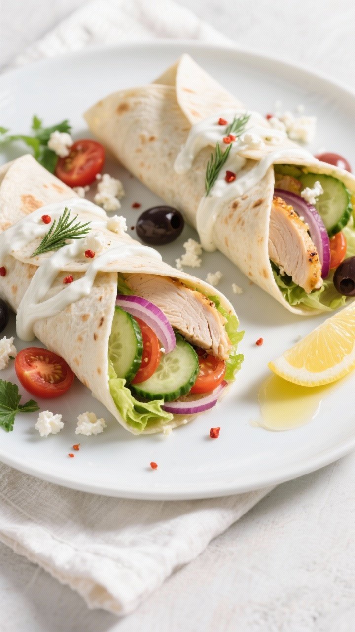 Final wrap overhead: Two neatly halved Mediterranean chicken wraps on a matte white plate, cut-side