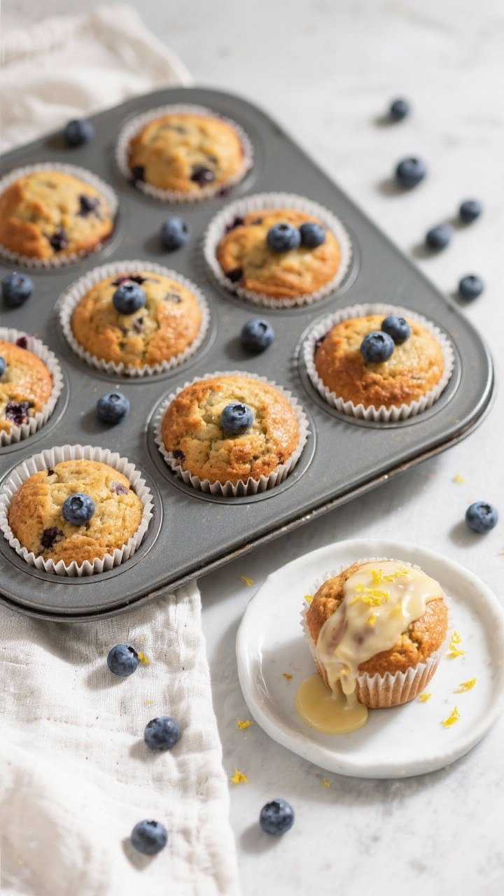 Overhead final presentation: a 12-cup muffin tin lined with paper liners holding evenly risen keto b