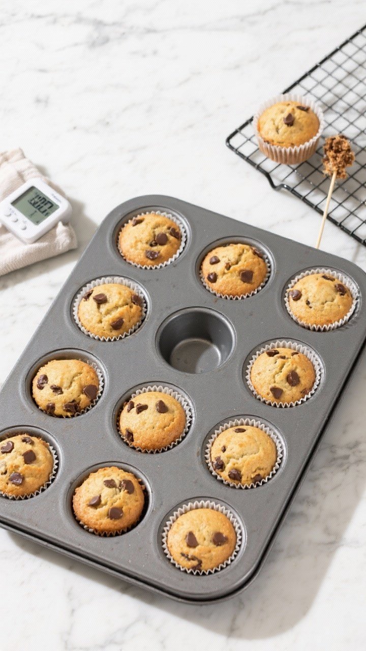 Overhead final presentation and process moment: A 12-cup muffin tin just out of the oven with evenly
