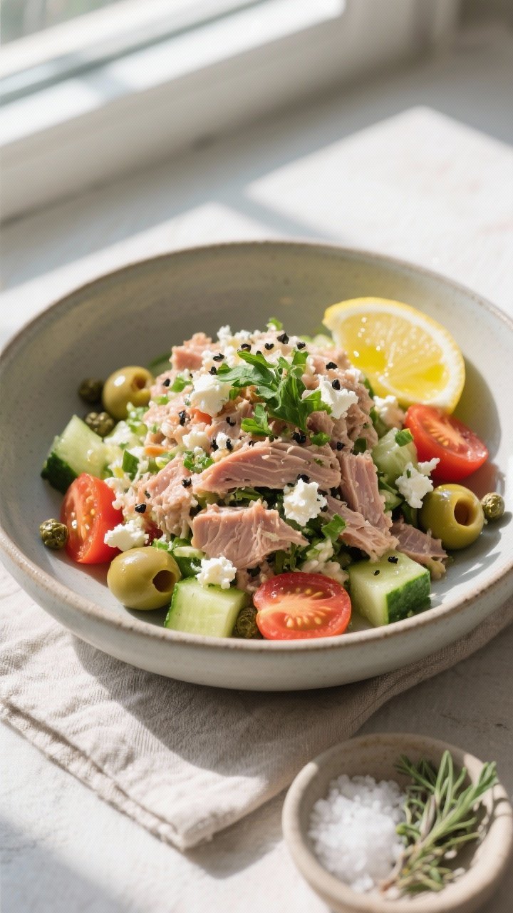 Overhead final presentation: Beautifully plated Mediterranean tuna salad in a low, matte ceramic bow
