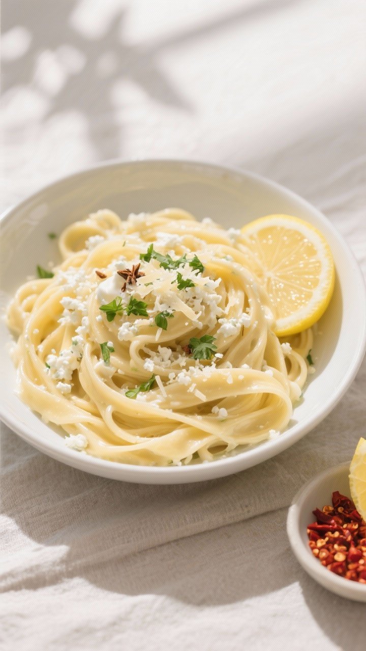 Overhead final presentation of a bowl of creamy Alfredo fettuccine made with cottage cheese and Gree
