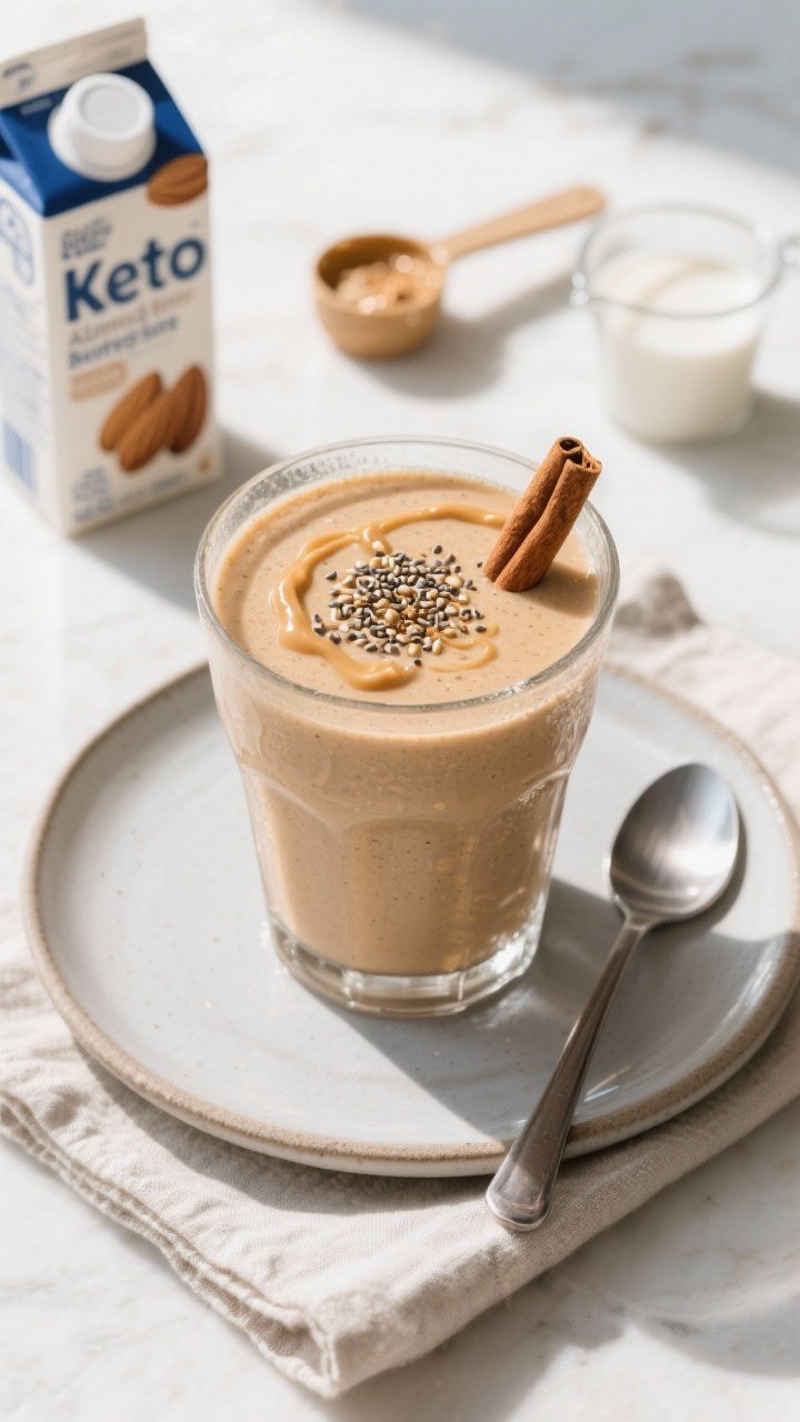 Overhead final presentation of a Keto Almond Butter Breakfast Smoothie poured into a chilled, frosty