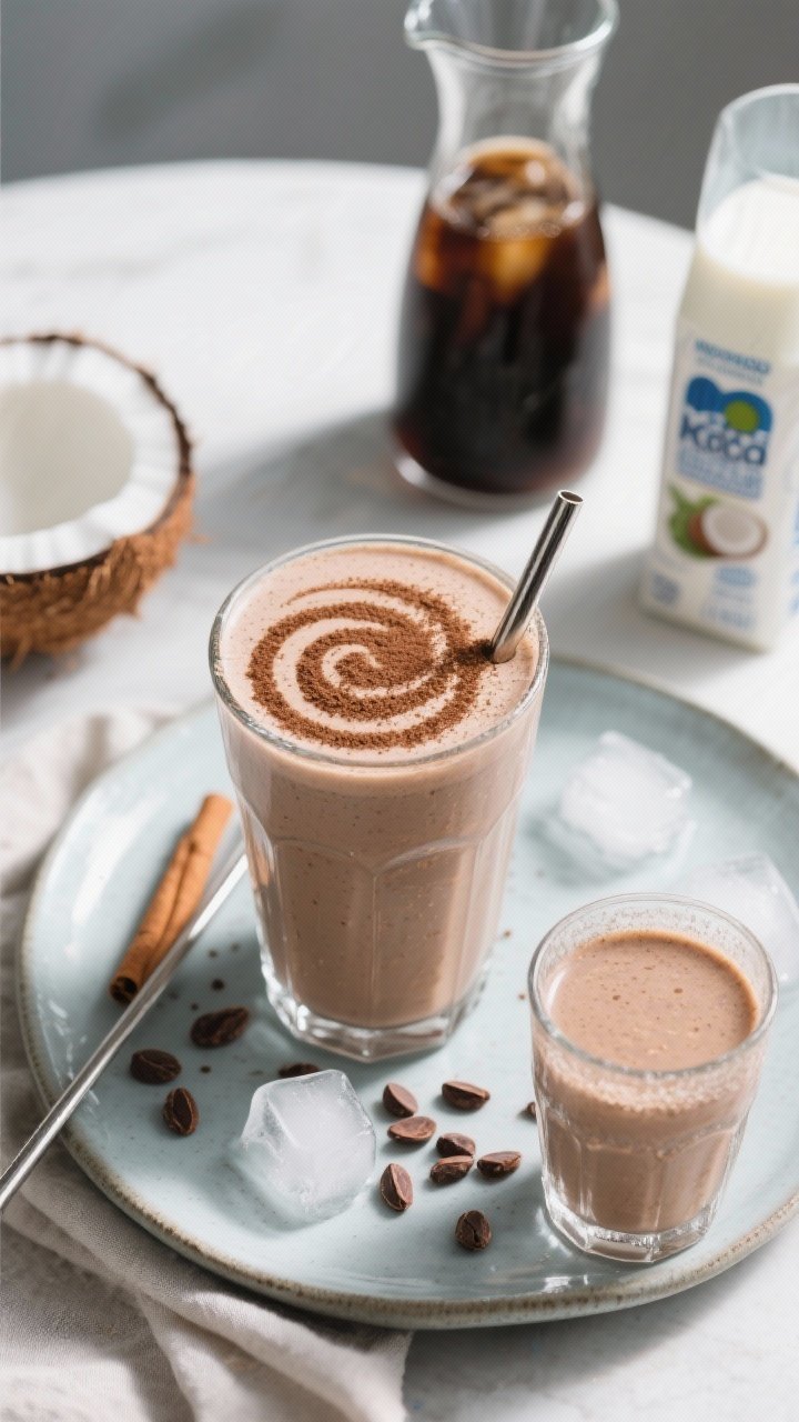Overhead final presentation of the keto mocha breakfast smoothie styled café-style: smoothie in a c