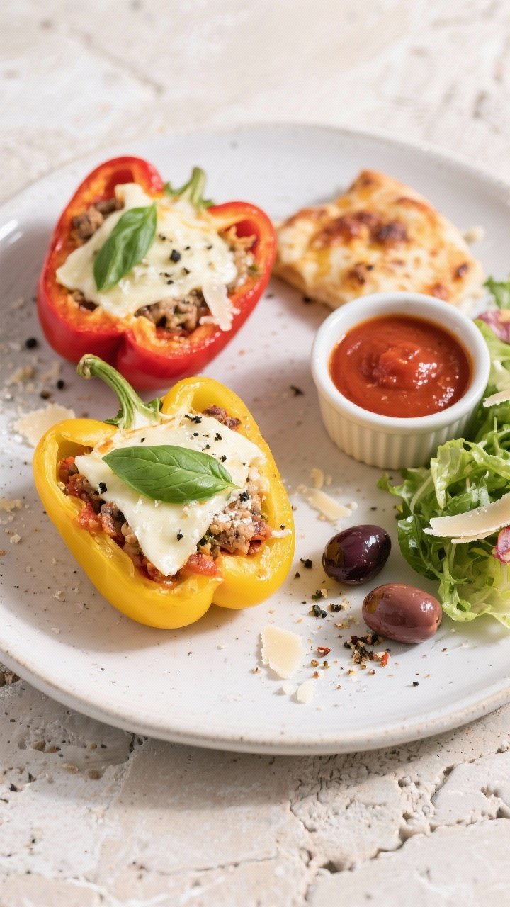 Overhead final presentation: Two brightly colored pepper halves (one red, one yellow) plated on a ma