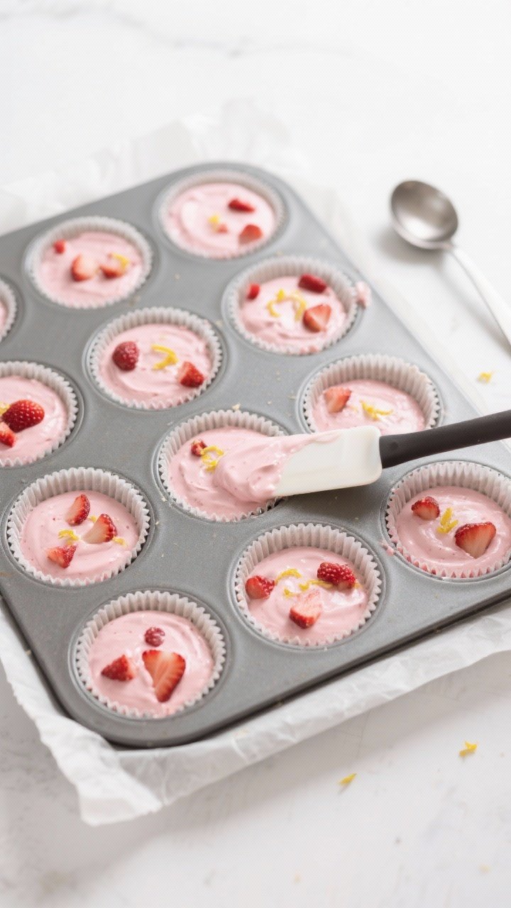 Overhead process shot showing the “fill the cups” stage: a parchment-lined 12-cup muffin tin two