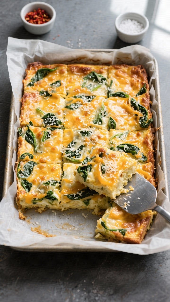 Overhead shot of a freshly baked 9x13 pan of Keto Cheesy Spinach Breakfast Squares just out of the o