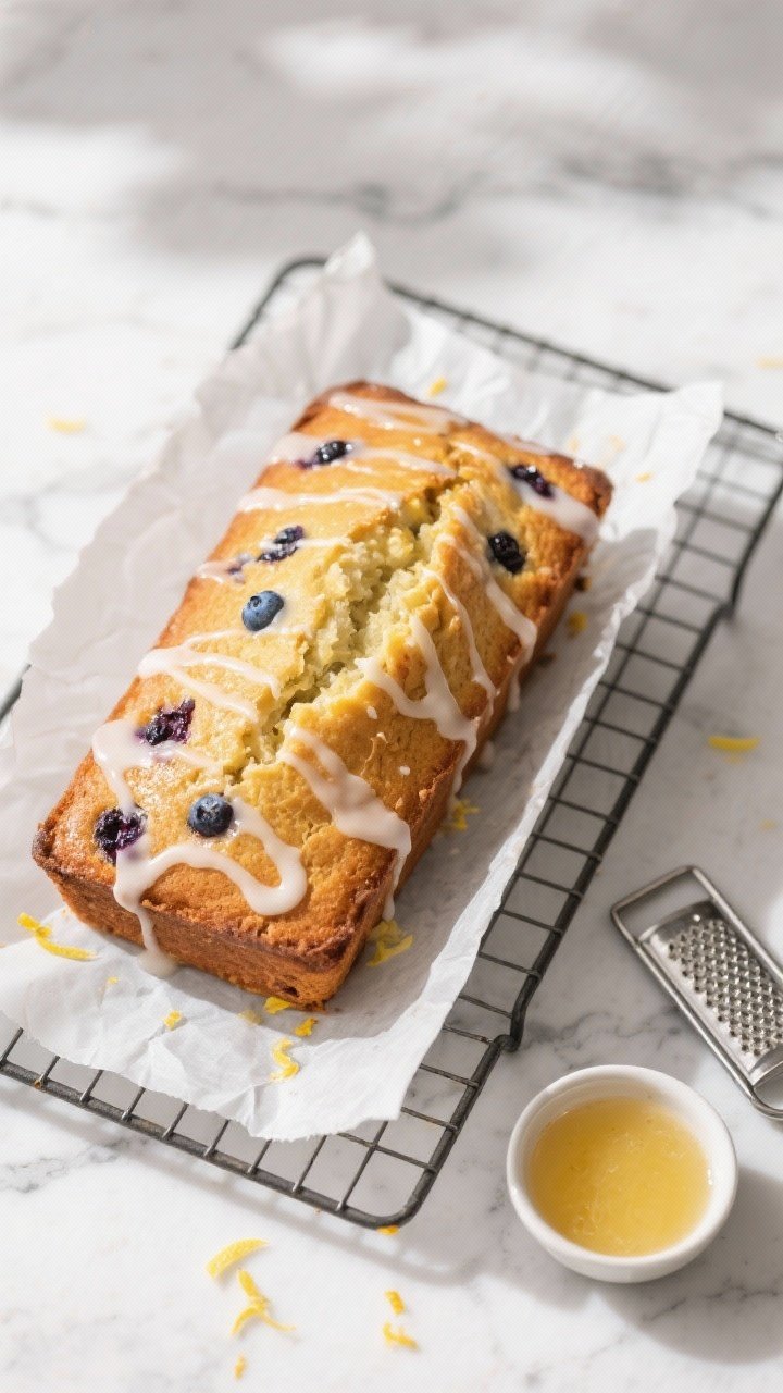 Overhead shot of a freshly baked Keto Lemon Blueberry Breakfast Loaf cooling on a wire rack, parchme