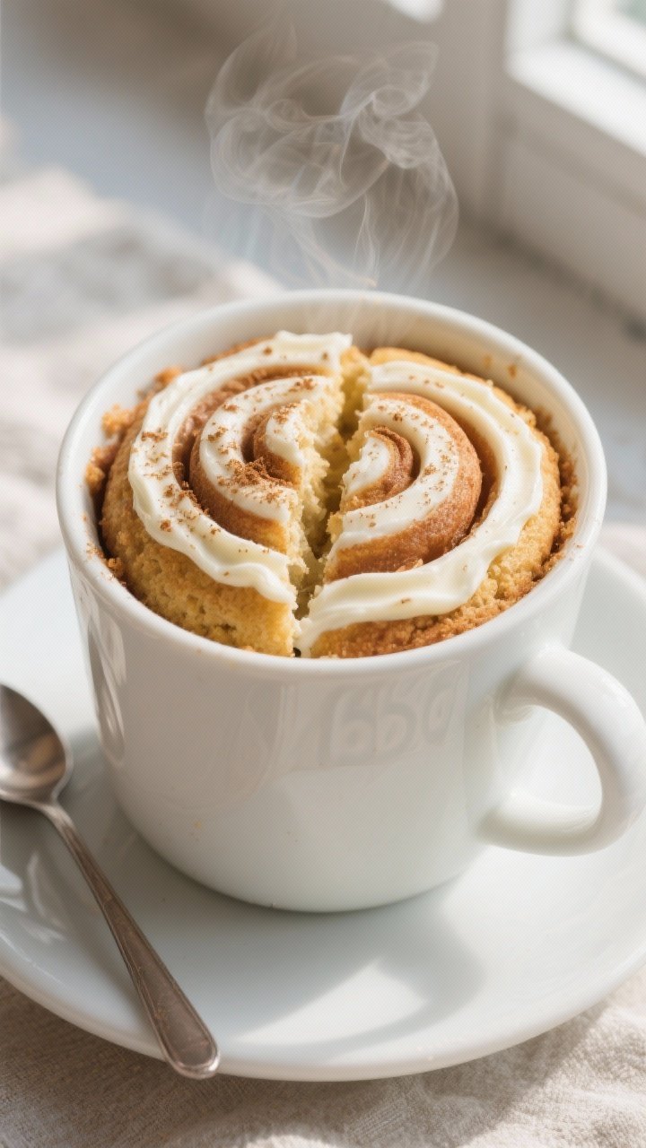 Overhead shot of a freshly microwaved keto cinnamon roll mug cake in a wide, white ceramic mug, top 